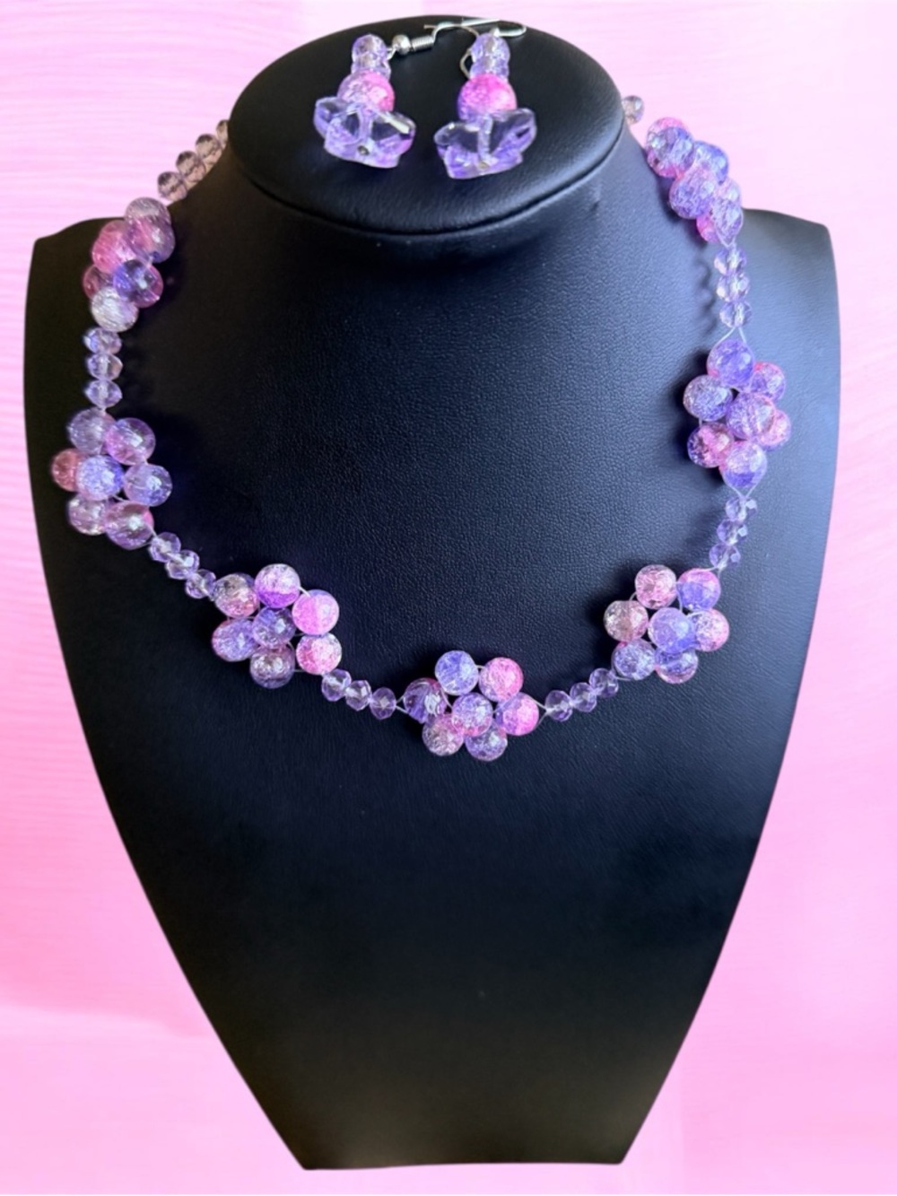 Handmade Pink & Purple Crackle Bead Floral Cluster Necklace
